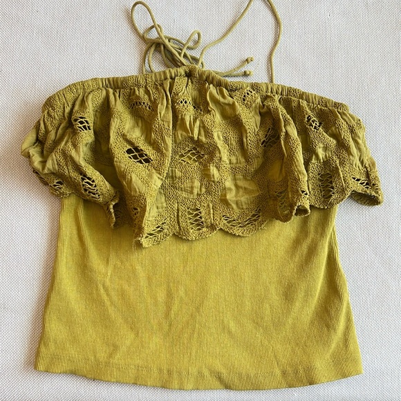 ANTHROPOLOGIE Ruffled Halter Lace Green Tank Top/ Boho Summer Spring Cottagecore - Picture 2 of 4